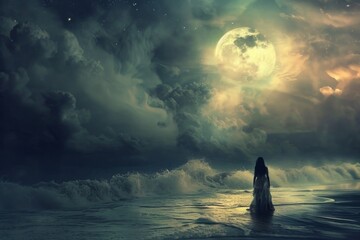 Woman under a full moon on a stormy night - A dramatic image depicting a woman in white, standing on a beach at night with a full moon, amidst a surreal cloud-filled sky - obrazy, fototapety, plakaty