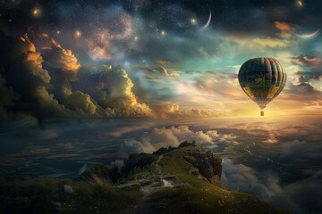 Hot air balloon floating in a starry sky - A magical digital illustration of a colorful hot air balloon soaring in a starlit sky above breathtaking cloudscapes and landscapes - obrazy, fototapety, plakaty