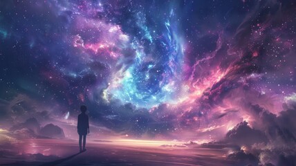 Person silhouetted against a cosmic sky - A lone figure stands contemplating the vast, colorful expanse of the cosmos, amidst clouds and celestial phenomena - obrazy, fototapety, plakaty
