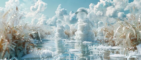 A whimsical 3D scene of shirts made of ice, skating across a frozen pond amidst seaweed decorations
