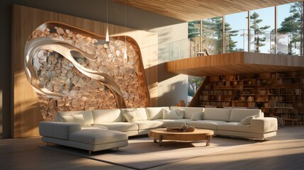 Modern living room interior design with comfortable sofa, stylish coffee table, large windows and wooden wall sculpture