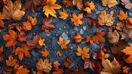Autumn leaves on wet dark stone pavement texture - A top view image depicting colorful autumn leaves scattered across a wet dark stone pavement, suggesting the arrival of fall