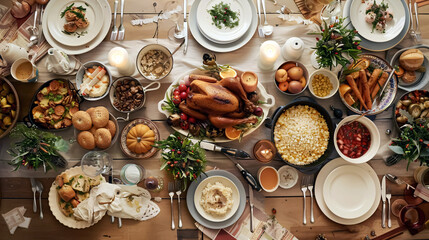Festive table setting for Thanksgiving dinner, top view. Traditional christmas food and drinks on...