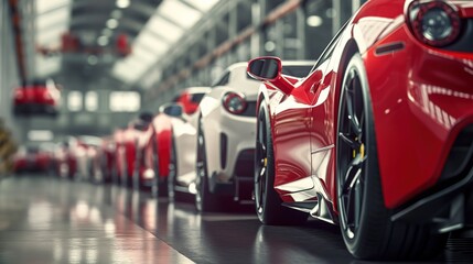 Row of red and white sports cars parked in a line
