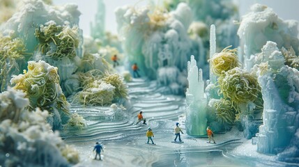 A whimsical scene where tiny figures skate on a frozen pond wearing shirts made of seaweed, surrounded by ice sculptures