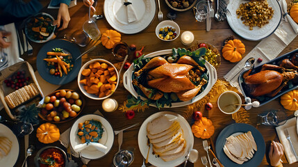 Top view of festive table with roasted turkey, pumpkins and other food. Thanksgiving dinner concept