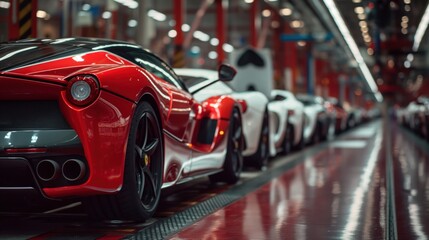 Collection of red and white sports cars neatly lined up in a factory