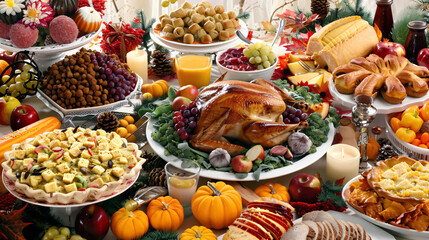 Thanksgiving dinner table with turkey, fruit, vegetables and desserts.