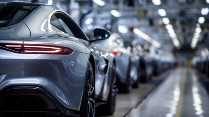 Multiple silver cars parked in a factory, lined up neatly