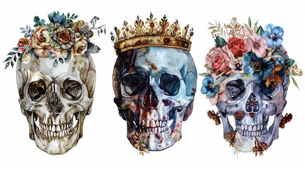 Vintage watercolor illustration of esoteric human skulls with flowers and gold crown. Isolated on white.