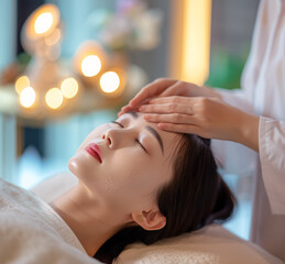 Obraz na płótnie Canvas Beautiful young asian woman enjoying facial massage in spa salon.