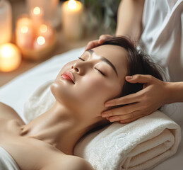 Obraz na płótnie Canvas Beautiful young woman getting facial massage in spa salon. Spa treatment concept.