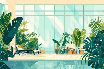 Illustration of lounge area near the pool with plants. Minimalistic background with monsteras, palm trees, sun lounger. Urban jungle, relaxation, summer, rest, weekends, space greening, indoor pool. - 779015413