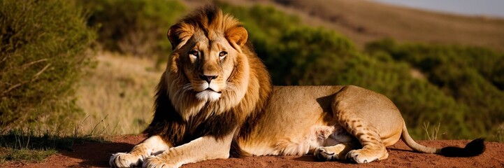 Obraz premium Big lion lying on savannah grass. Landscape with characteristic trees on the plain and hills in the background.with Generative AI technology 