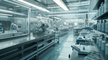 A modern pharmaceutical packaging facility with automated lines and quality control stations