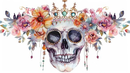 A human skull with flowers, a golden crown, and earrings. Magical vintage watercolor illustration of a gothic queen. Halloween mask clip art isolated on white.