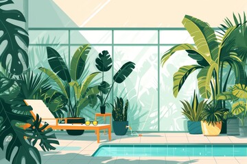 Illustration of lounge area near the pool with plants. Minimalistic background with monsteras, palm trees, sun lounger. Urban jungle, relaxation, summer, rest, weekends, space greening, indoor pool. - obrazy, fototapety, plakaty