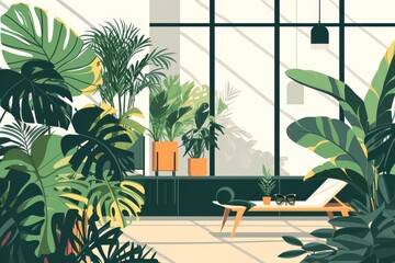 Illustration of lounge area near the pool with plants. Minimalistic background with monsteras, palm trees, sun lounger. Urban jungle, relaxation, summer, rest, weekends, space greening, indoor pool. - 779015447