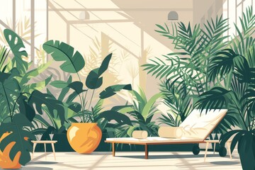 Illustration of lounge area near the pool with plants. Minimalistic background with monsteras, palm trees, sun lounger. Urban jungle, relaxation, summer, rest, weekends, space greening, indoor pool. - 779015459