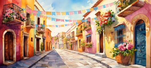 Fototapeta na wymiar Cinco de Mayo decorated street, colorful watercolor illustration