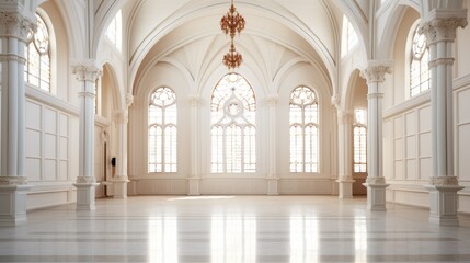 ornate empty hall with large windows