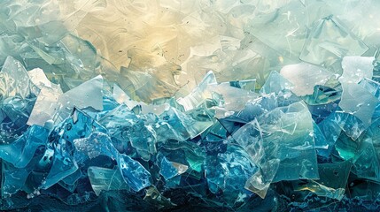 An artistic illustration of a collage made from pieces of shirts, ice, and seaweed, creating a textured abstract artwork
