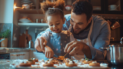 A father and daughter in an apron, smiling while baking cookies together on the kitchen counter