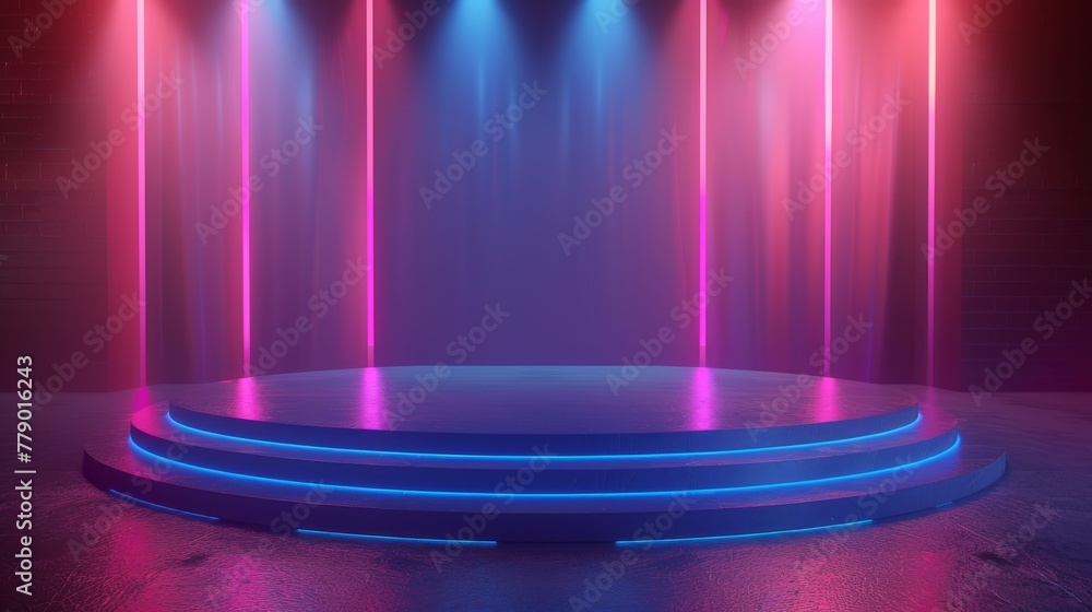 Poster an abstract background with a neon glow and an empty performance stage is rendered in 3d.