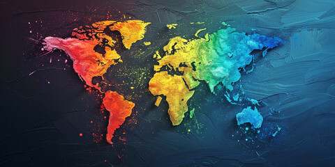 Photo of a geographical map of the continents in the color of the LGBT flag on a dark background, crumpled paper texture, advertising banner