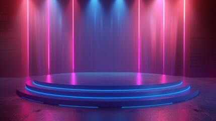 An abstract background with a neon glow and an empty performance stage is rendered in 3D.
