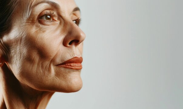 Woman over 50 years old. Face 3/4 close up on white background. Mature old lady close up portrait. Skin care beauty, middle age cosmetics, hardware cosmetology, rejuvenation and thread lift concept.