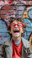 Joyous scene depicting a stylish kid in big red glasses, exuding charm and happiness