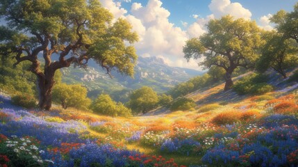 vibrant spring landscape with rolling hills and wildflowers