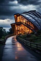 Wooden building with curved glass windows and a walkway leading up to it
