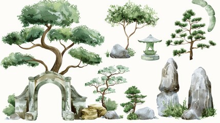 In this watercolor clip art, there is a zen garden design element with a stone gate round arch and green trees on a white background.