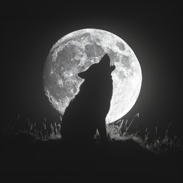 Mysterious wolf howling under full moon in captivating black and white silhouette