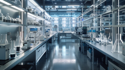 A sophisticated biotech lab, with rows of advanced research equipment and workstations, momentarily unoccupied but ready to drive innovation in the field of medicine