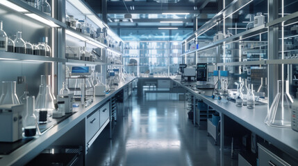 Fototapeta premium A sophisticated biotech lab, with rows of advanced research equipment and workstations, momentarily unoccupied but ready to drive innovation in the field of medicine
