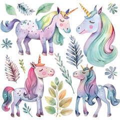Illustration set of unicorns