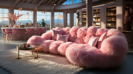 A pink and white living room with a large pink furry sofa,é…å¥—æœ‰é…å¥—çš„èŒ¶å‡ å’Œåœ°æ¯¯ - obrazy, fototapety, plakaty