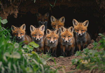 A group of fox cubs at the entrance to their burrow in green grass
