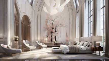 Elegant bedroom interior design with pink blossom tree mural