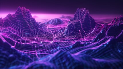 An abstract cyberspace landscape with unreal mountains on a violet background within a neon wireframe. - obrazy, fototapety, plakaty