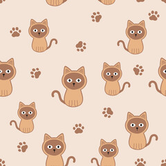 Seamless pattern with cat kitten and paw print on brown background vector.
