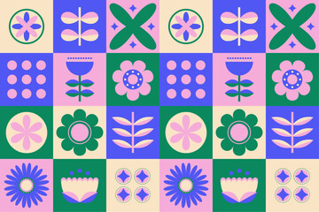 Floral geometric pattern checkered background seamless flat illustration