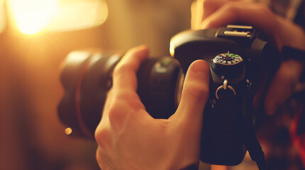 Close-Up of a Photographer's Hands Adjusting Vintage Camera Lens - obrazy, fototapety, plakaty