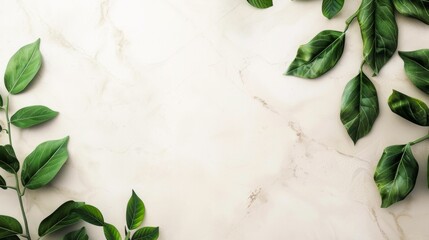 White marble background with green leaves Clean background for online zoom meetings with open area for text