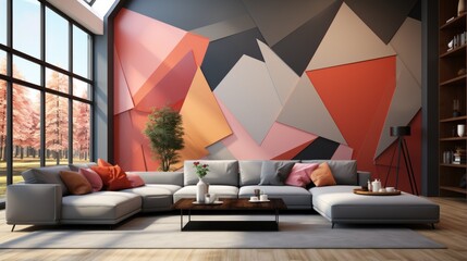 Modern living room interior with large windows and colorful wall
