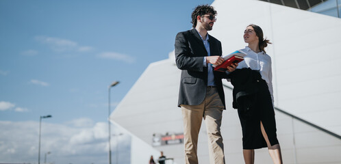Diverse business partners discuss marketing and sales strategies for profit growth and business expansion in an outdoor setting.