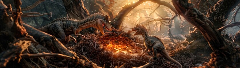Detailed view of a dinosaur nest with various species' hatchlings emerging under the soft glow of dawn - obrazy, fototapety, plakaty